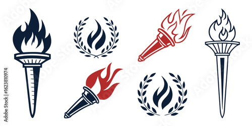 Collection of various stylized torches and flame icons with wreaths and different designs created with generated ai