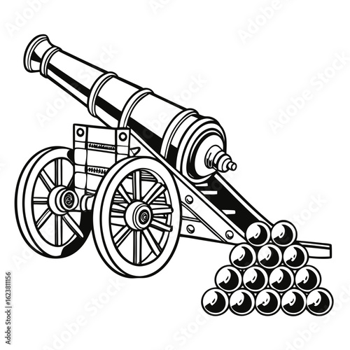 Illustration of an old fashioned cannon with wheels and a pyramid of cannonballs ready to be fired created with generated ai