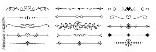 Elegant decorative dividers in vector format featuring floral, heart, and geometric elements on transparent background