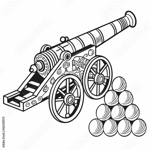Illustration of a vintage cannon with wheels and a pyramid of cannonballs in black and white outline style created with generated ai