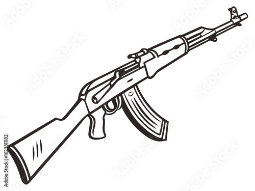 Illustration of a black and white ak 47 assault rifle with curved magazine on a white background created with generated ai