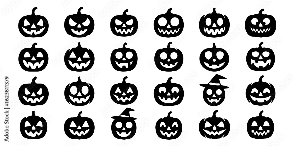 Spooky Halloween: Variety of Jack-o'-Lantern Pumpkin Silhouettes Displaying Festive Expressions for Scary Decoration Themes on transparent background