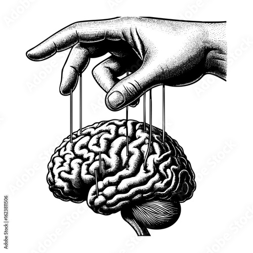Hand controlling brain with string engraving black and white outline. Scratch board imitation.  illustrated in vintage line art style on a white background.