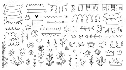 Delightful Hand-Drawn Black and White Doodle Collection Featuring Florals, Banners, and Decorative Elements on transparent background.