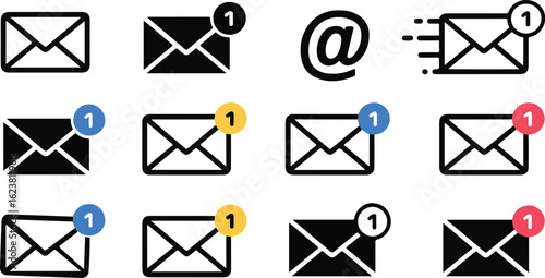 A collection of black vector icons representing email, messages, and notifications for user interface design.