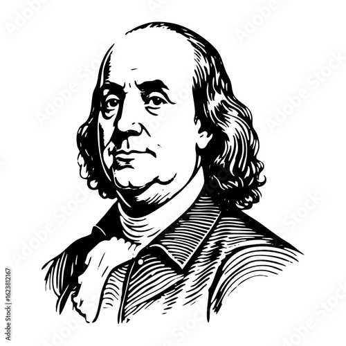 Benjamin franklin, America founding father engraving black and white outline. Scratch board imitation.