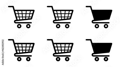 Six different shopping cart icons in black and white.
