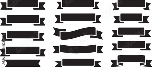 Collection of black ribbon banners, labels, and design elements for graphic resources and decorative purposes.