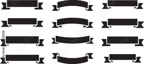 A collection of twelve black ribbon banner silhouettes in various straight and curved shapes on a white background.