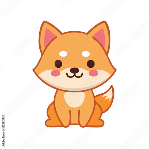 Adorable cartoon Shiba Inu dog with a happy expression, sitting with a curved tail
