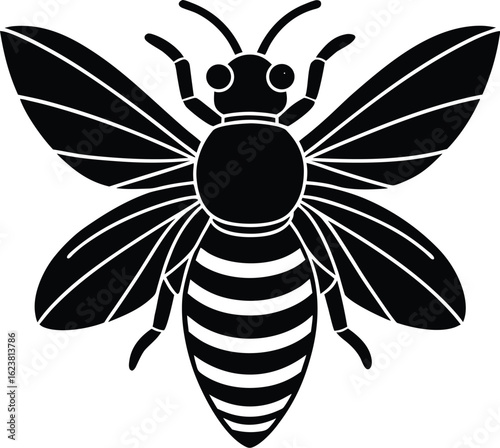 Vector art of black and white silhouette of a bee with detailed wings and striped body, representing nature and pollination, isolated on a white background