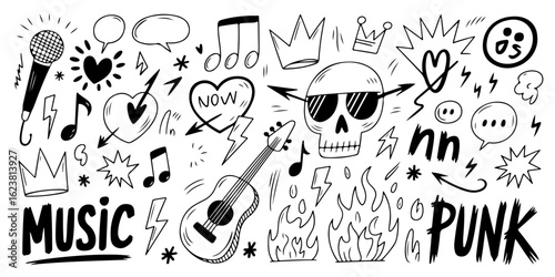 Hand-drawn music punk doodles: skulls, crowns, guitars, and more.