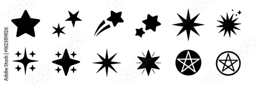 Collection of various black star shapes, symbols, and icons for design and decoration purposes.