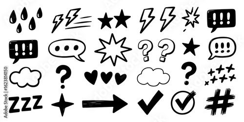 Set of hand-drawn comic style graphic elements.