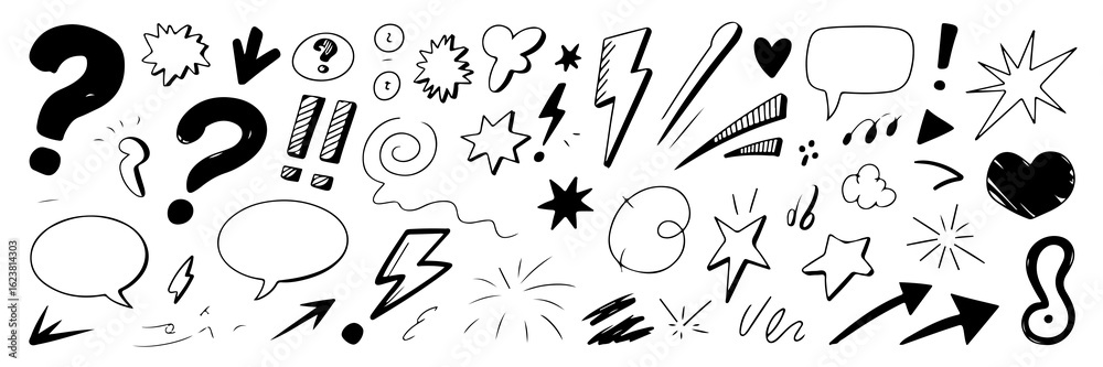 Fototapeta premium Artistic hand-drawn set of shapes, question marks, speech bubbles, arrows and comic elements on transparent background.