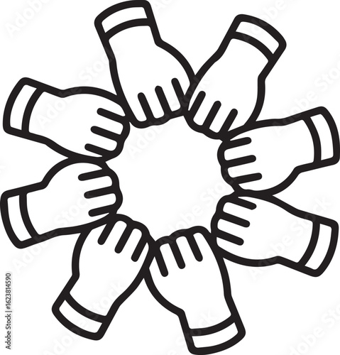 Diverse hands unite in collaborative circle, symbolizing teamwork, community, and shared success in a modern, clean design, perfect for business and social impact campaigns
