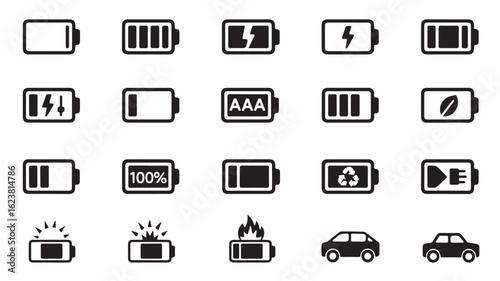 Dynamic Set of Battery Icons Illustrating Charge Levels and Various Symbols on transparent background