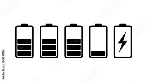 Set of battery icons showing different charge levels, including charging and empty states.