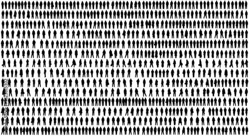 A multitude of silhouetted figures standing in rows against a white background creating a pattern