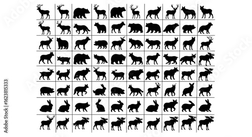 Silhouette grid featuring various animals including deer bears wolves rabbits and moose on white