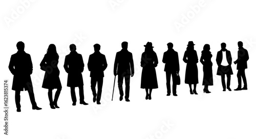 Silhouette of a group of people standing in a row wearing coats and hats on a white background