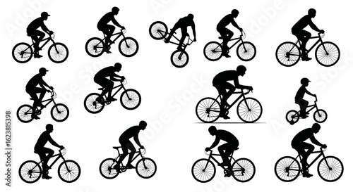 Collection of black silhouettes of people riding various bicycles on a white background image