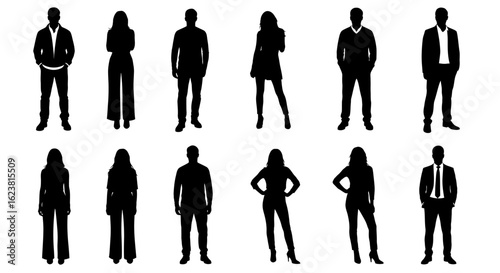 Silhouette collection of diverse standing people in various poses on a white background isolated view