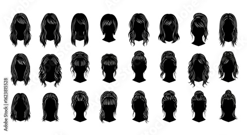 Collection of black silhouette illustrations showcasing various female hairstyles on a white background