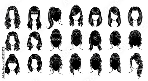 Collection of black and white vector illustrations of various women's hairstyles and haircuts