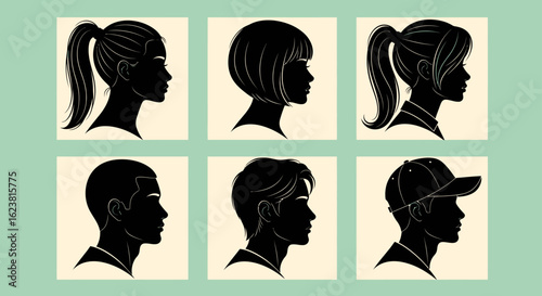 Collection of six black silhouette head profiles with various hairstyles and a baseball cap on beige squares