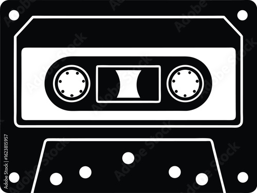 Vector art of black and white illustration of a vintage audio cassette tape, a retro music media icon symbolizing analog sound recording and playback, isolated on a black background