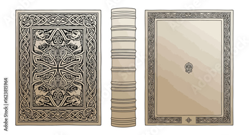Illustration of an old book with celtic knotwork designs on the cover and spine visible too