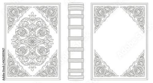 Illustration of a book with ornate cover and spine design in black and white outline style