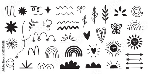 Cute hand drawn doodle elements including stars, rainbows, suns and hearts, creative black vector illustration on transparent background