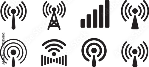 Collection of various wireless and signal strength icon designs showcasing connectivity and network representation on transparent background