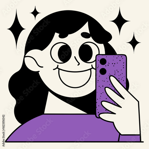 Animated girl smiling while taking selfie with smartphone indoors  
