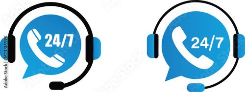 24/7 customer support service call center with headset icon illustration.