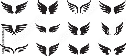 Collection of stylized vector wings in various shapes and sizes, perfect for logos and design elements on transparent background