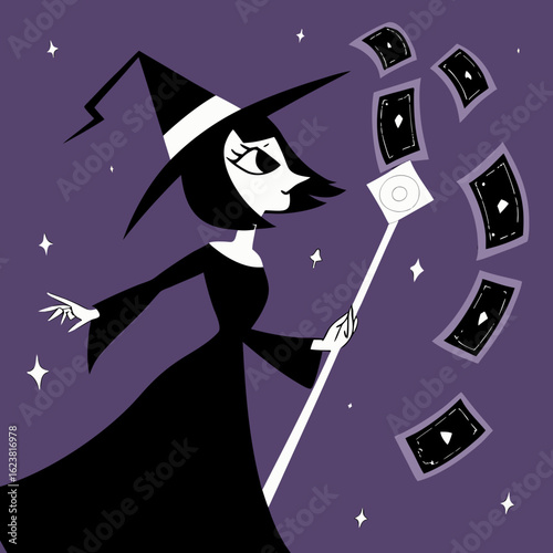 Cartoon witch casting magic spells with flying money in night sky  