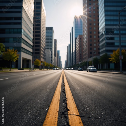 Empty cityscape view along an asphalt road surrounded by towering buildings and a bustling metropolis skyline
