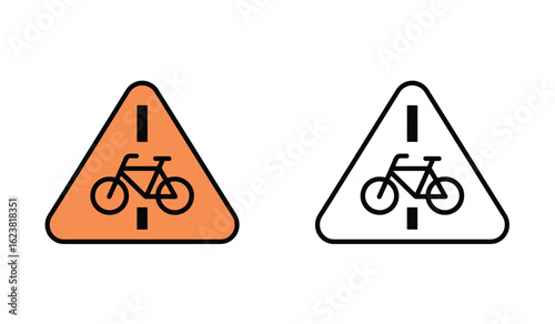 Two Triangle Road Signs Displaying Bicycle Lane Warning Symbol on White Background