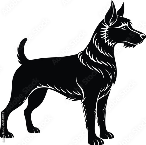 Vector art of black silhouette of a standing terrier dog, isolated on white background