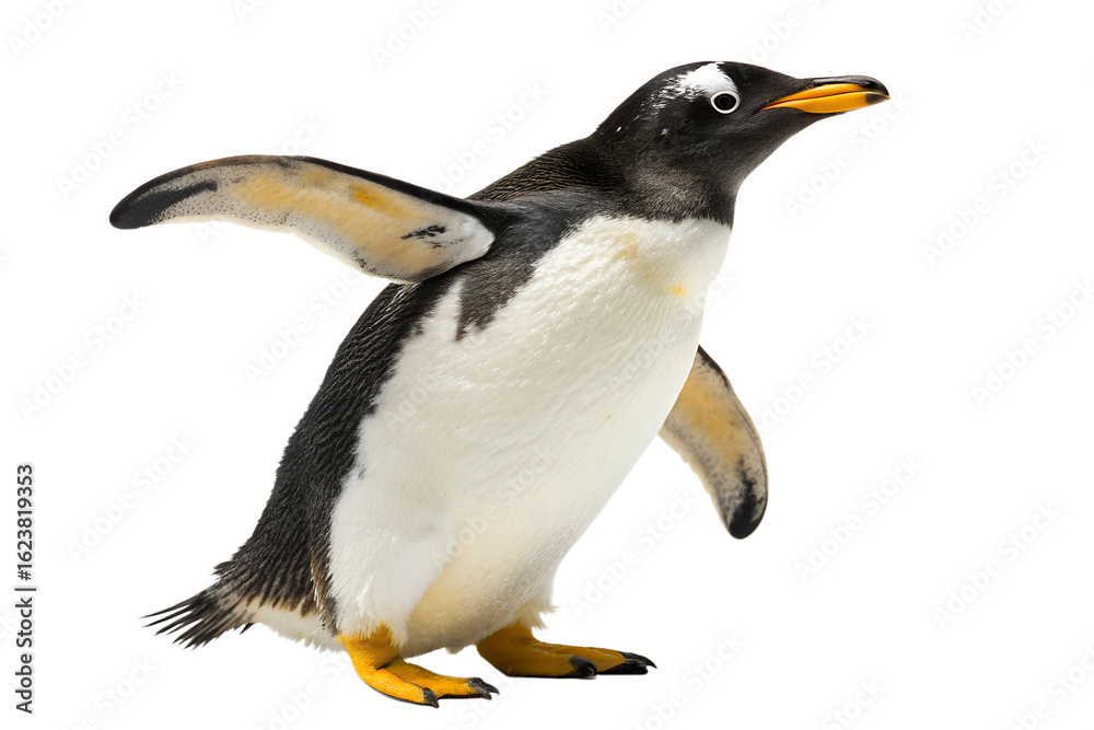 Obraz premium A curious Gentoo penguin with its flippers raised, captured in a detailed 3D illustration, showcasing its unique side profile and vibrant markings.