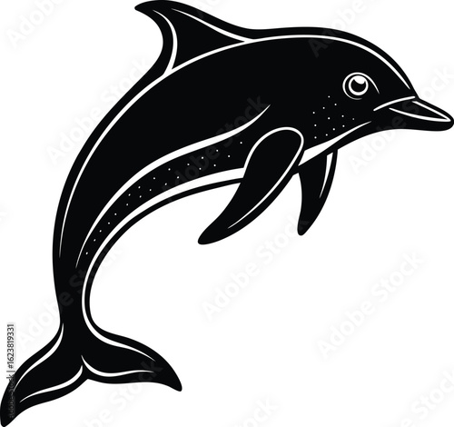 Vector art of black silhouette of a jumping dolphin, isolated on a white background