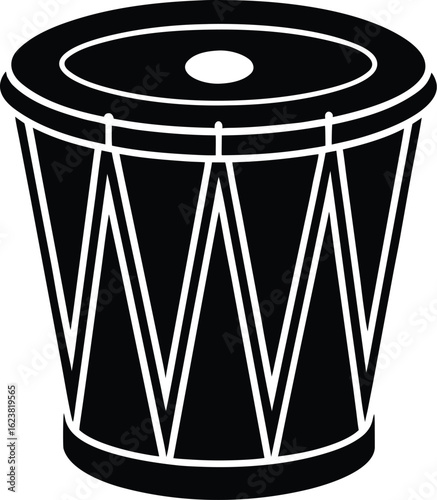 Vector art of silhouette of a traditional drum, a percussion instrument used for rhythm and beat in music, isolated on a white background