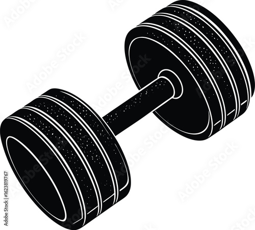 Vector art of black silhouette of a dumbbell, a weight used for strength training and fitness exercises, isolated on a white background