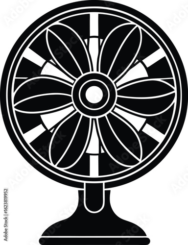 Vector art of a black and white graphic illustration of a vintage electric fan with visible blades and a sturdy base, symbolizing cooling and air circulation