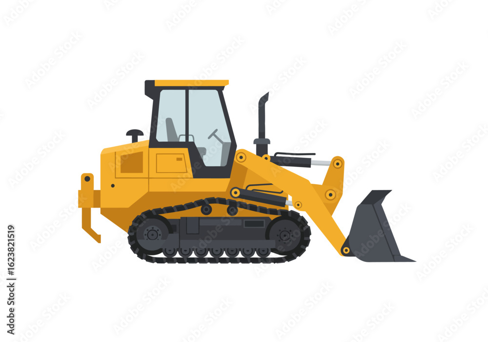 Fototapeta premium Yellow bulldozer with grey tracks scoop on white backdrop