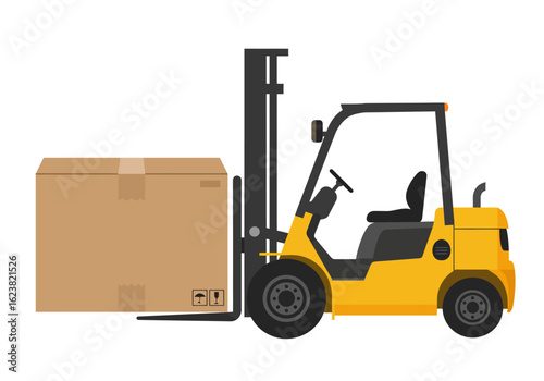 Yellow forklift carrying a cardboard box with fragile handling labels