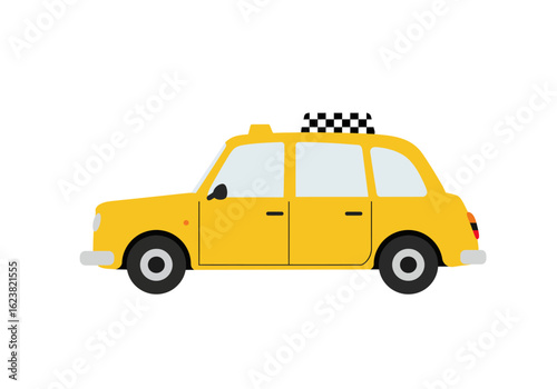 Yellow taxi cab cruising checkerboard roof